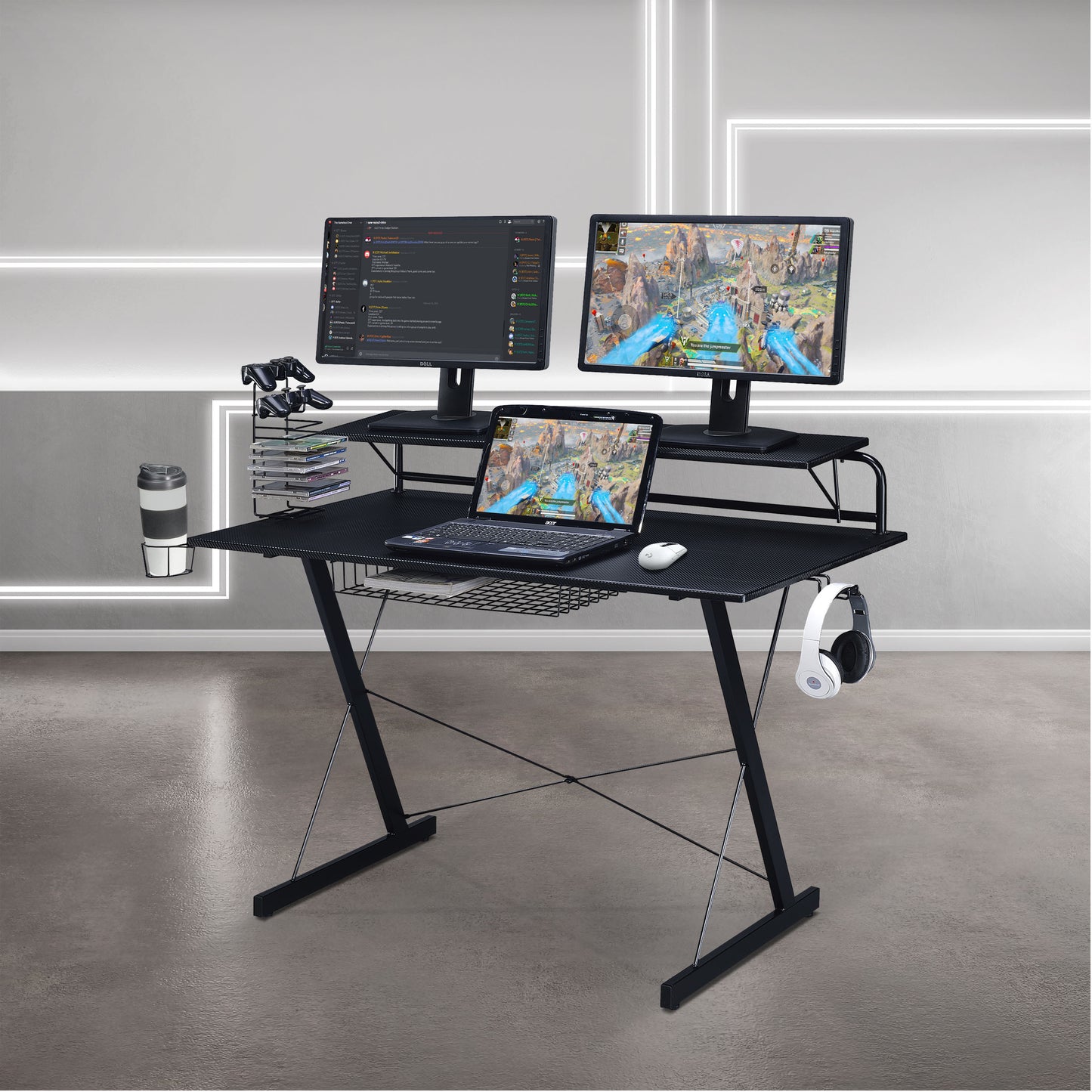 Techni Sport TS-200 Carbon Computer Gaming Desk with Shelving, Black