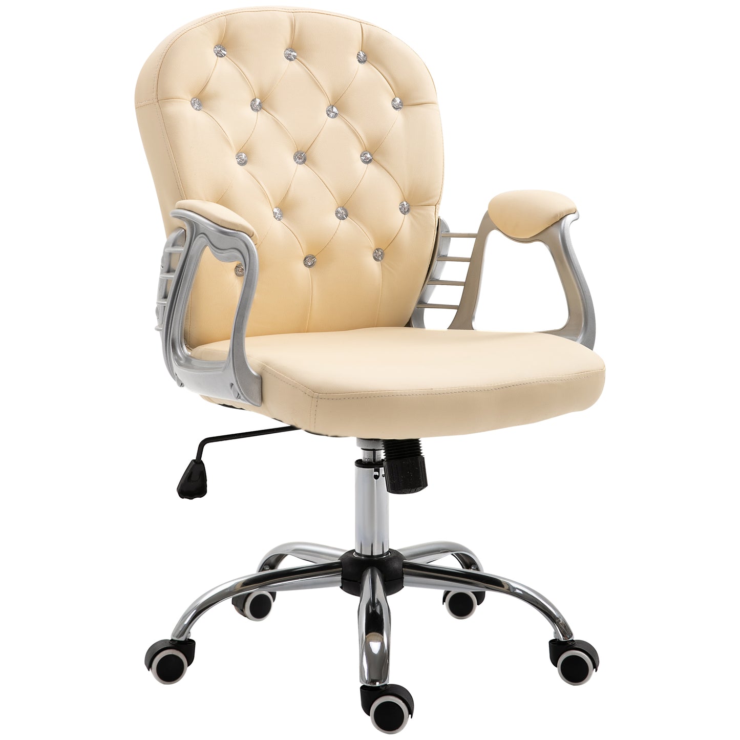 Vinsetto PU Leather Home Office Chair, Button Tufted Desk Chair with Padded Armrests, Adjustable Height and Swivel Wheels, Beige