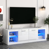 ON-TREND Modern TV Stand with 2 Tempered Glass Shelves, High Gloss Entertainment Center for TVs Up to 70'', Elegant TV Cabinet with LED Color Changing Lights for Living Room, White