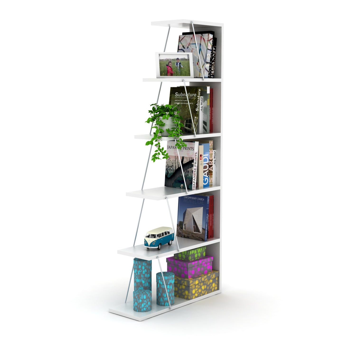 Furnish Home Store Modern 5 Tier Ladder Bookshelf Organizers, Narrow Bookshelf for Small Spaces Office Furniture Bookcase, White/Chrome