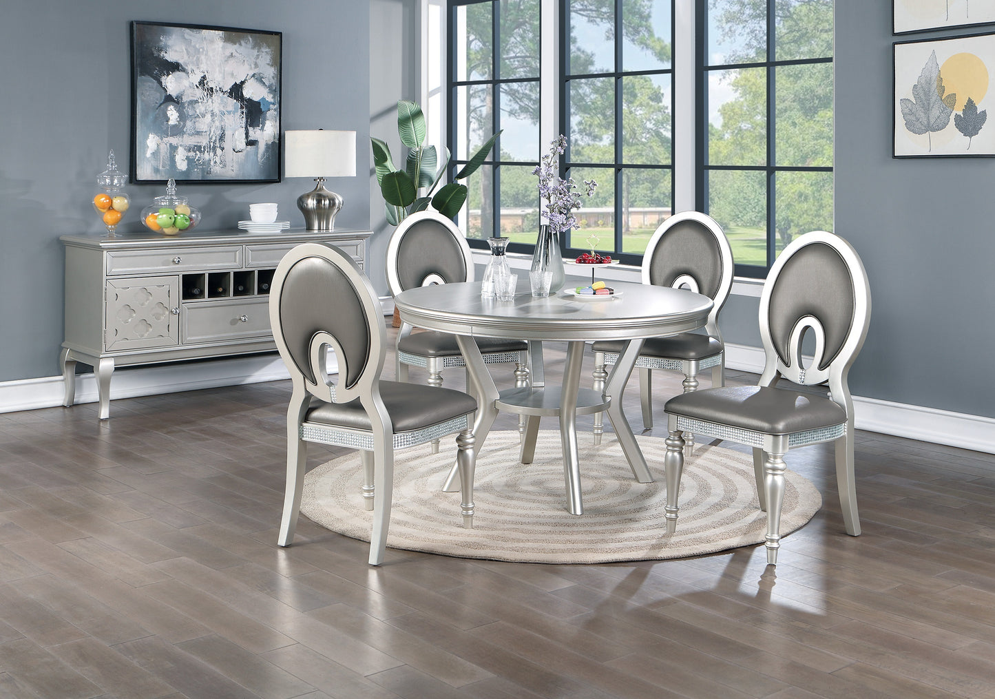 Formal Traditional Dining Table Round Table Silver Hue 5pc Dining Table w Shelf 4x Side Chairs Cut out Back Design Chairs Dining Room Furniture