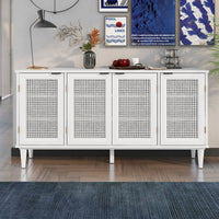 Large Storage Space Sideboard with Artificial Rattan Door and Unobtrusive Doorknob for Living Room and Entryway (White)