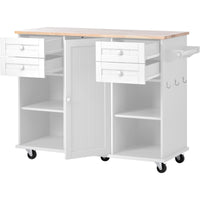 K&K kitchen island cart with Spice Rack, Towel Rack & Drawer, Rubber Wood Desktop, 5 Wheels Including 4 Lockable Wheels, 52.8inch Width (White)