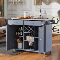 K&K Store Kitchen Island Cart with Two Storage Cabinets and Four Locking Wheels, Wine Rack, Two Drawers, Spice Rack, Towel Rack (Grey Blue)