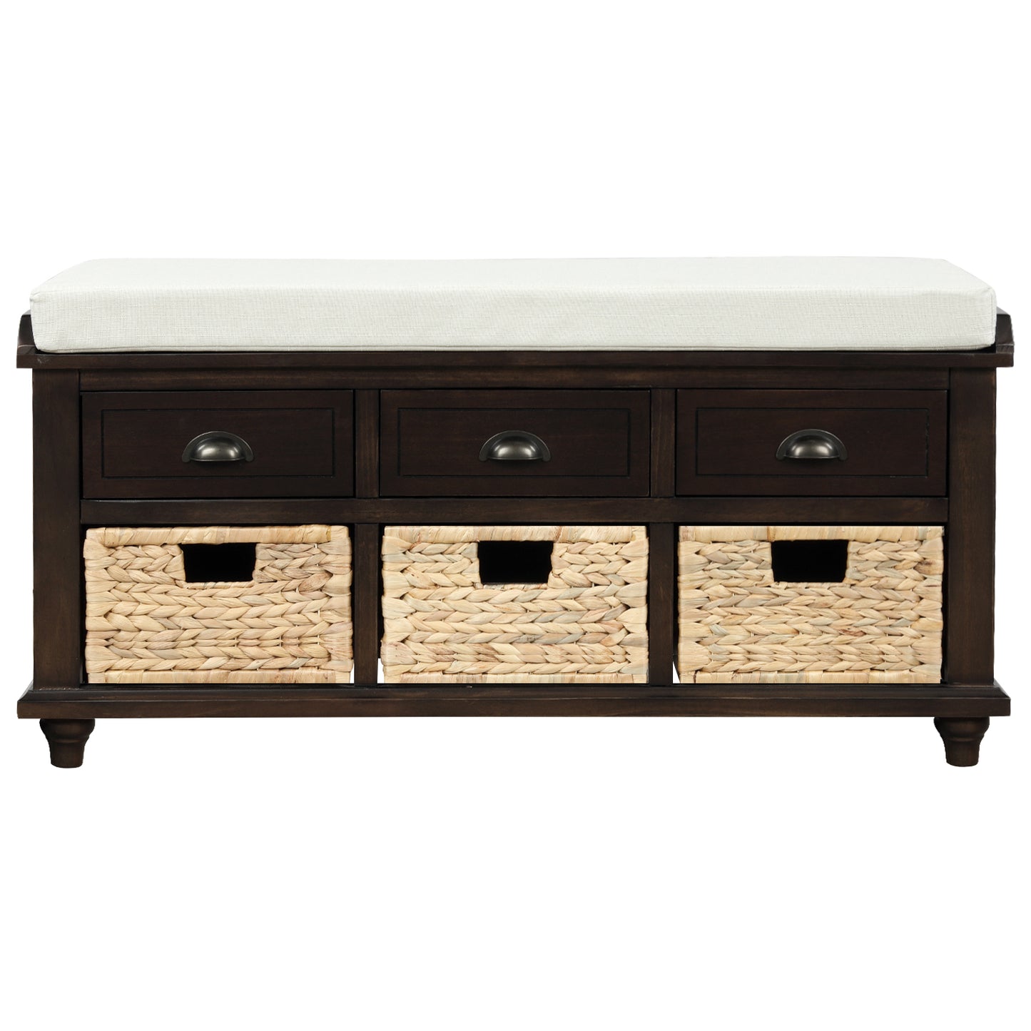 Rustic Storage Bench with 3 Drawers and 3 Rattan Baskets, Shoe Bench for Living Room, Entryway (Espresso)