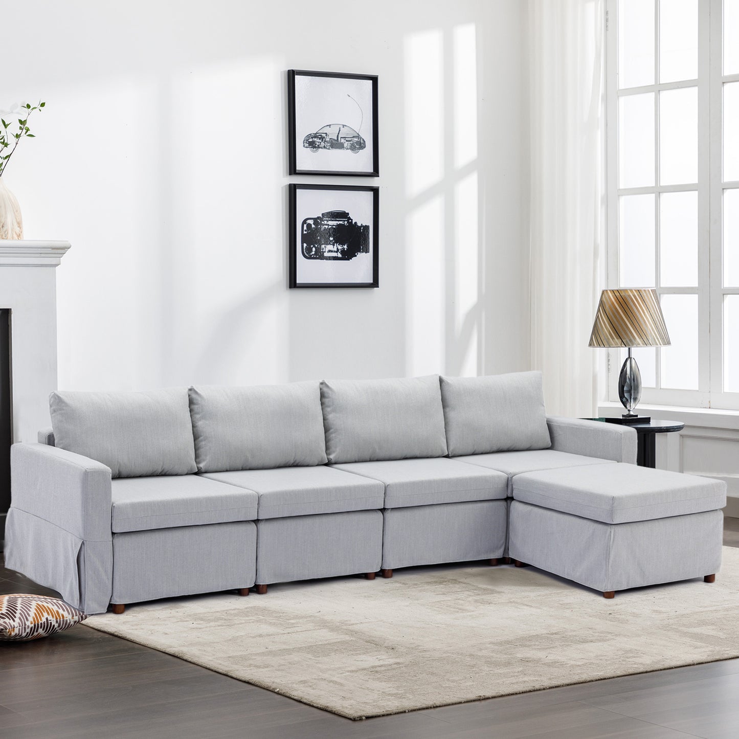 4 Seat Module Sectional Sofa Couch With 1 Ottoman,Seat Cushion and Back Cushion Removable and Washable,Light Grey