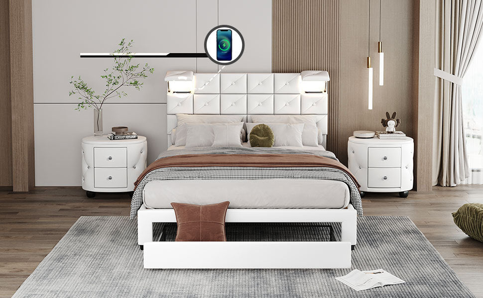 3-Pieces Bedroom Sets, Queen Size Upholstered Platform Bed with Two Wireless Chargers, Two Motion Activated Night Lights and Two Nightstands-White