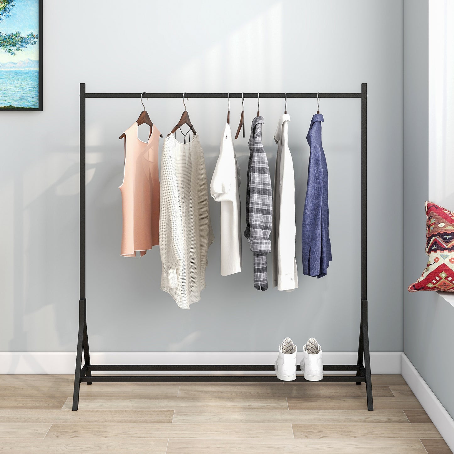 Garment Rack Freestanding Hanger Multi-functional Single Pole Bedroom Clothing Rack Bedroom, Black