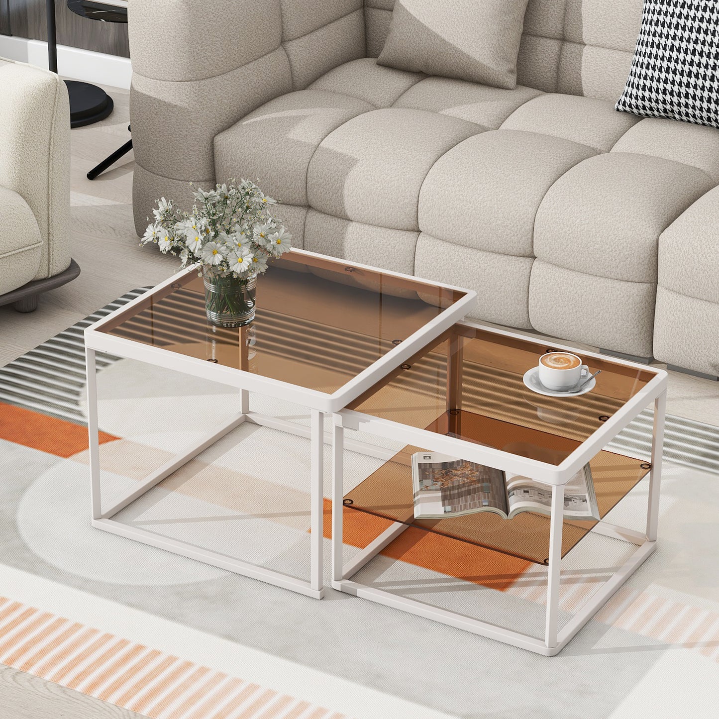 ON-TREND Modern Nested Coffee Table Set with High-low Combination Design, Brown Tempered Glass Cocktail Table with Metal Frame, Length Adjustable 2-Tier Center&End Table for Living Room, White