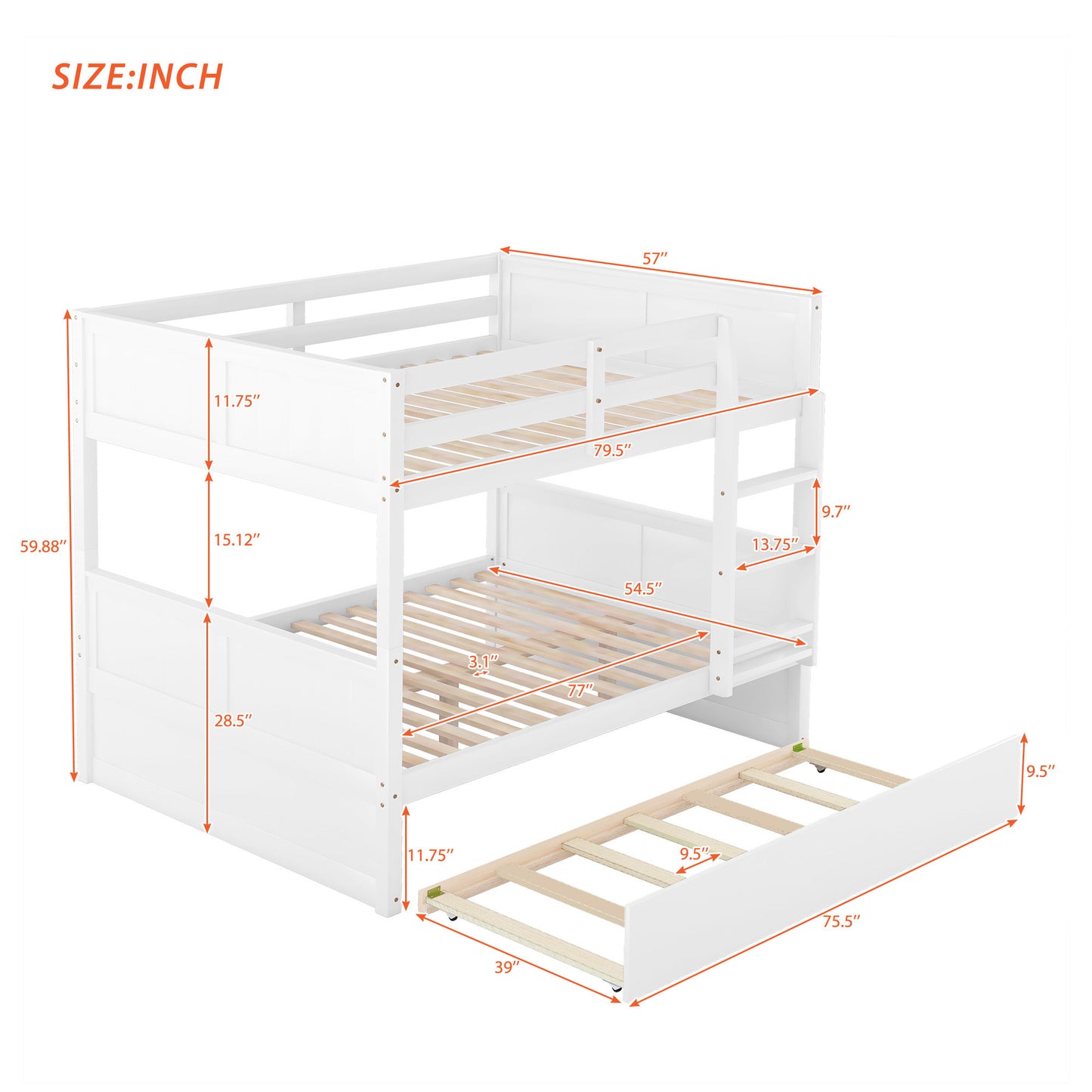 Full Over Full Bunk Bed with Twin Size Trundle, White