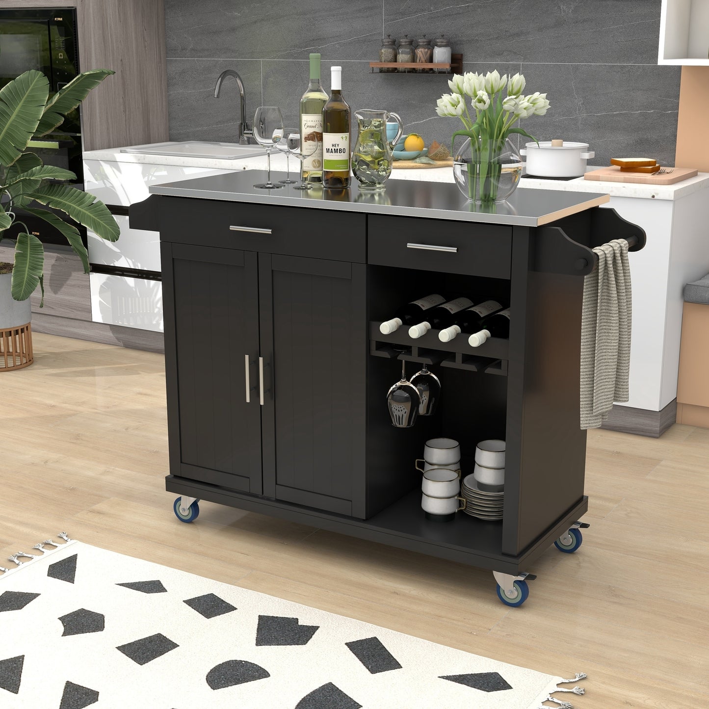 K&K Kitchen Cart with Stainless Steel Top and Storage Cabinet, Kitchen Island on Wheels with Two Drawers & Goblet Holder & Wine Rack & Spice Rack & Towel Holder, L51xW18xH37 Inches