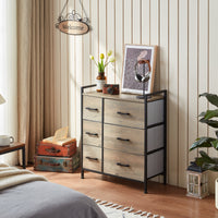 Dresser with 6 Drawers, Storage Tower, Organizer Unit, Fabric Dresser for Bedroom, Hallway, Entryway, Closets, Sturdy Steel Frame, Wood Top