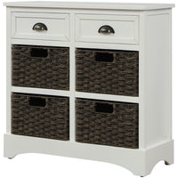 Rustic Storage Cabinet with Two Drawers and Four Classic Rattan Basket for Dining Room/Living Room (White)