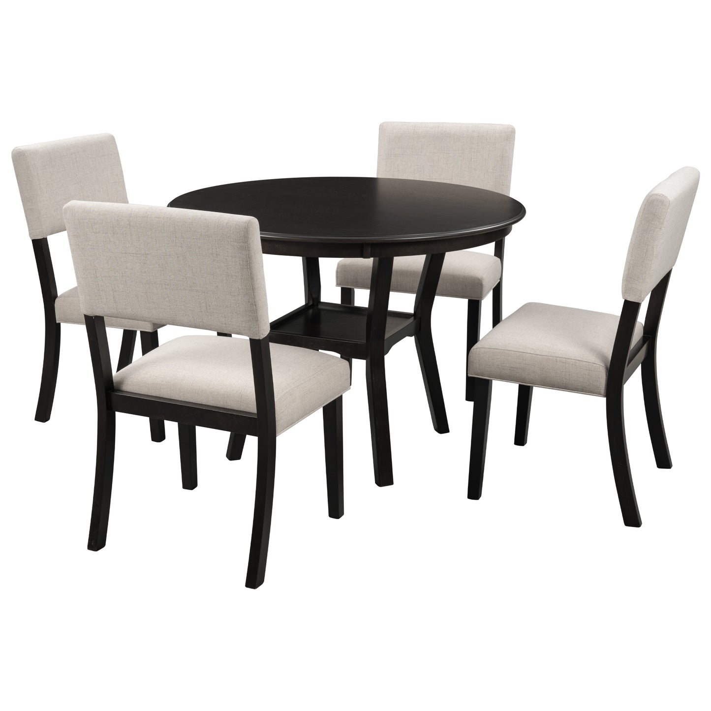 5-Piece Kitchen Dining Table Set Round Table with Bottom Shelf, 4 Upholstered Chairs for Dining Room (Espresso）