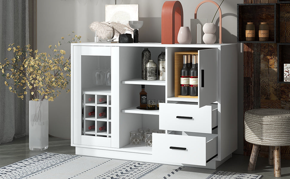 Kitchen Functional Sideboard with Glass Sliding Door and Integrated 16 Bar Wine Compartment, Wineglass Holders (White)