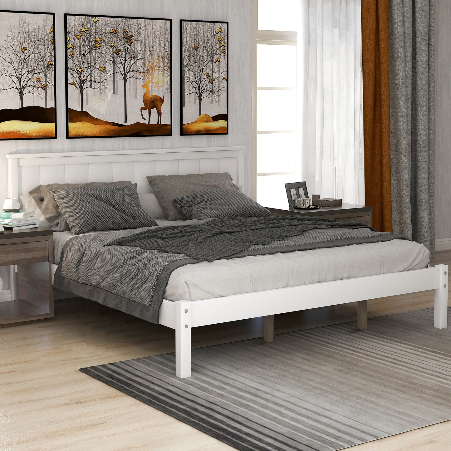 Platform Bed Frame with Headboard, Wood Slat Support, No Box Spring Needed, Queen, White