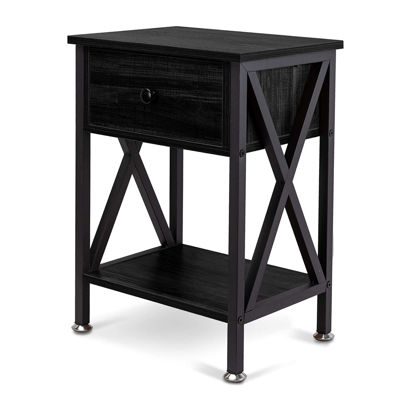 Nightstand with Drawer and Open Storage Shelves, Bedside End Table for Bedroom Living Room, Black