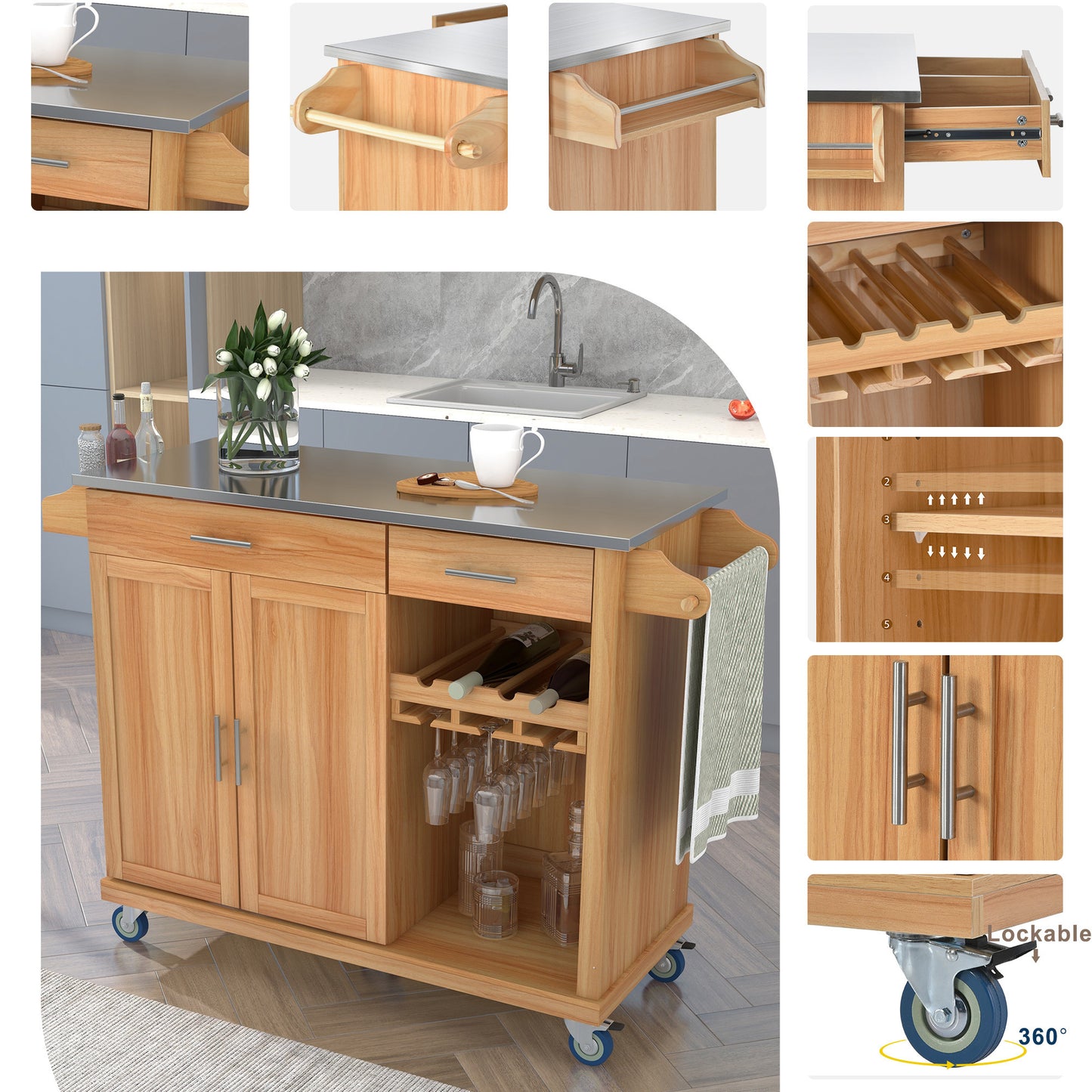 K&K Kitchen Cart with Stainless Steel Top and Storage Cabinet, Kitchen Island on Wheels with Two Drawers & Goblet Holder & Wine Rack & Spice Rack & Towel Holder, L51xW18xH37 Inches