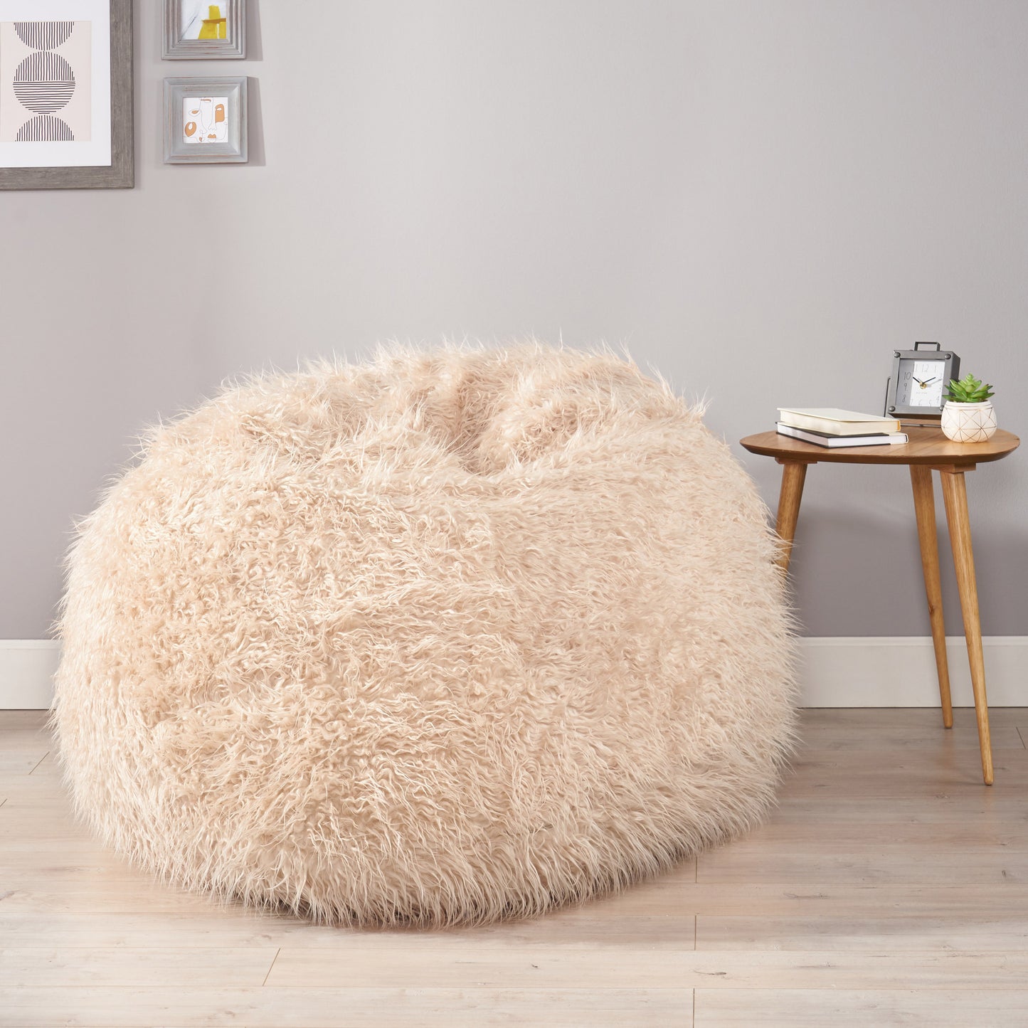 Akira Modern Glam Faux Fur 5 Foot Bean Bag, Taupe