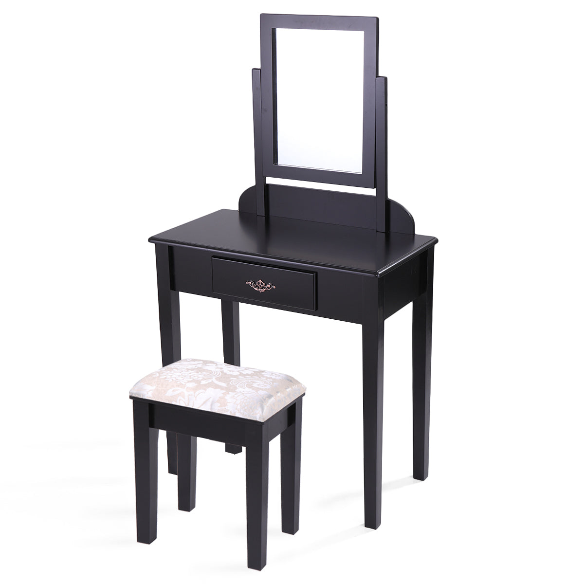 53.5''H Elegant Wood Makeup Vanity Set Dressing Table Furniture with Rotating Rectangular Mirror and Drawer, Black