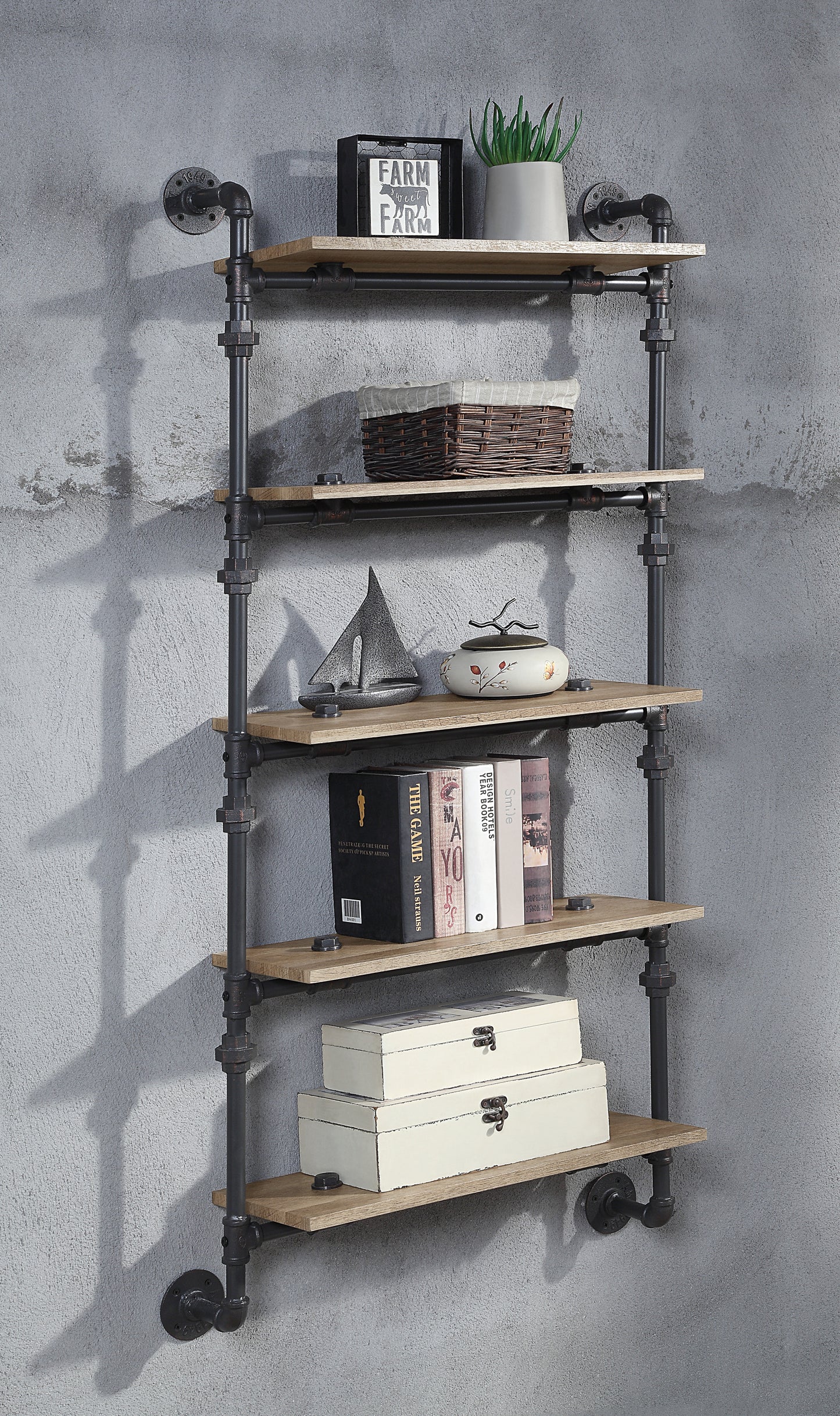 ACME Brantley Wall Rack w/5 Shelves in Oak & Sandy Black Finish