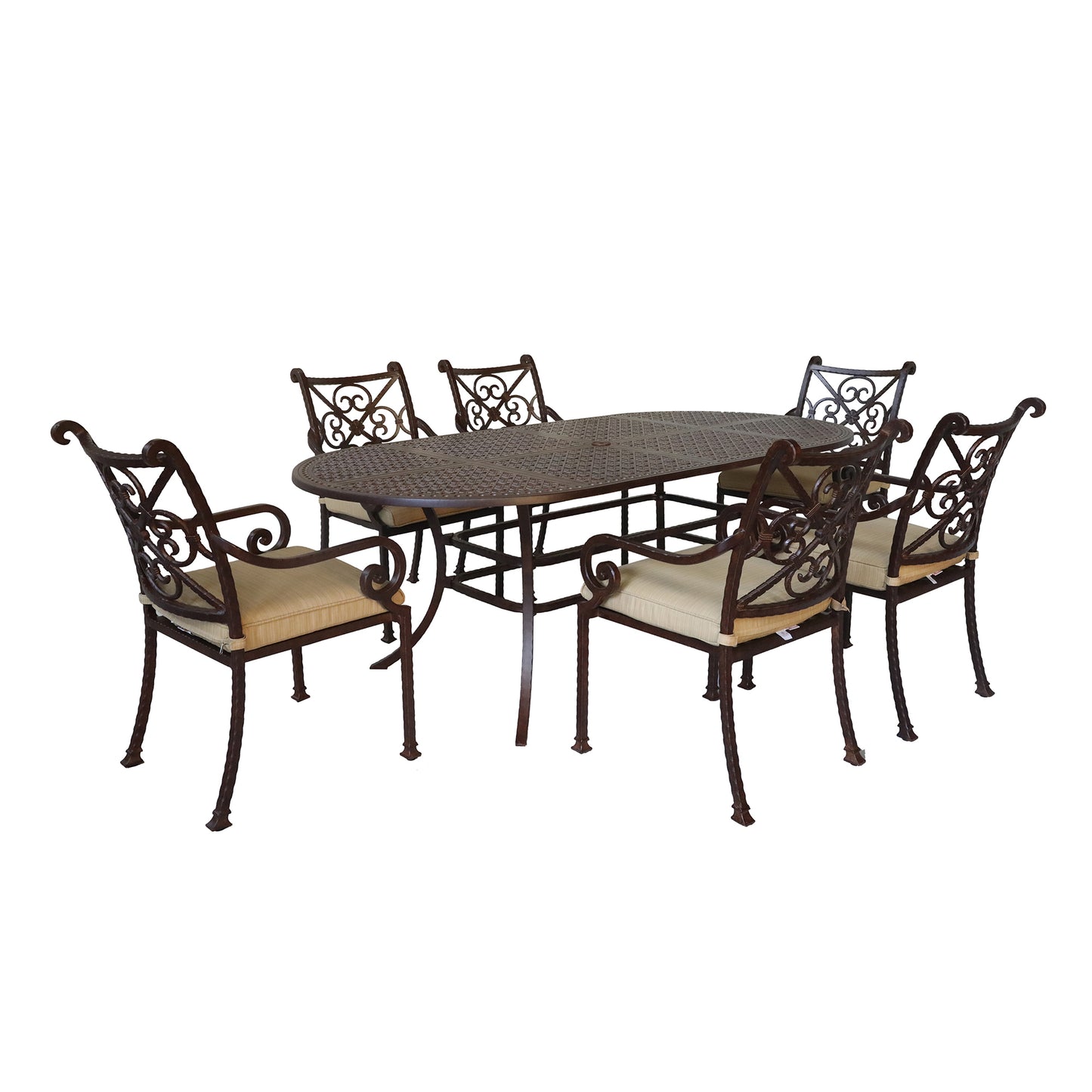 Cast Rose Ebony Aluminum 7-Piece Oval Dining Set With 6 Arm Chairs, Beige