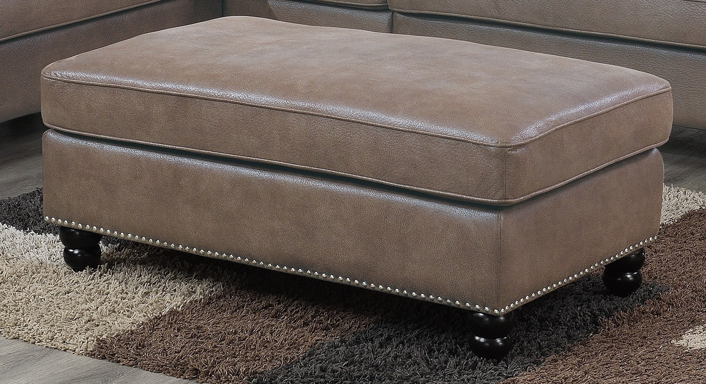 Living Room XL- Cocktail Ottoman Dark Coffee Leatherette Accent Studding Trim Wooden Legs