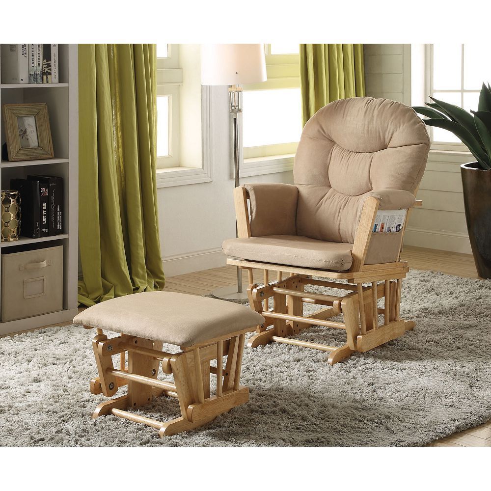 ACME Rehan Chair & Ottoman (2Pc Pk) in Taupe Microfiber & Natural Oak