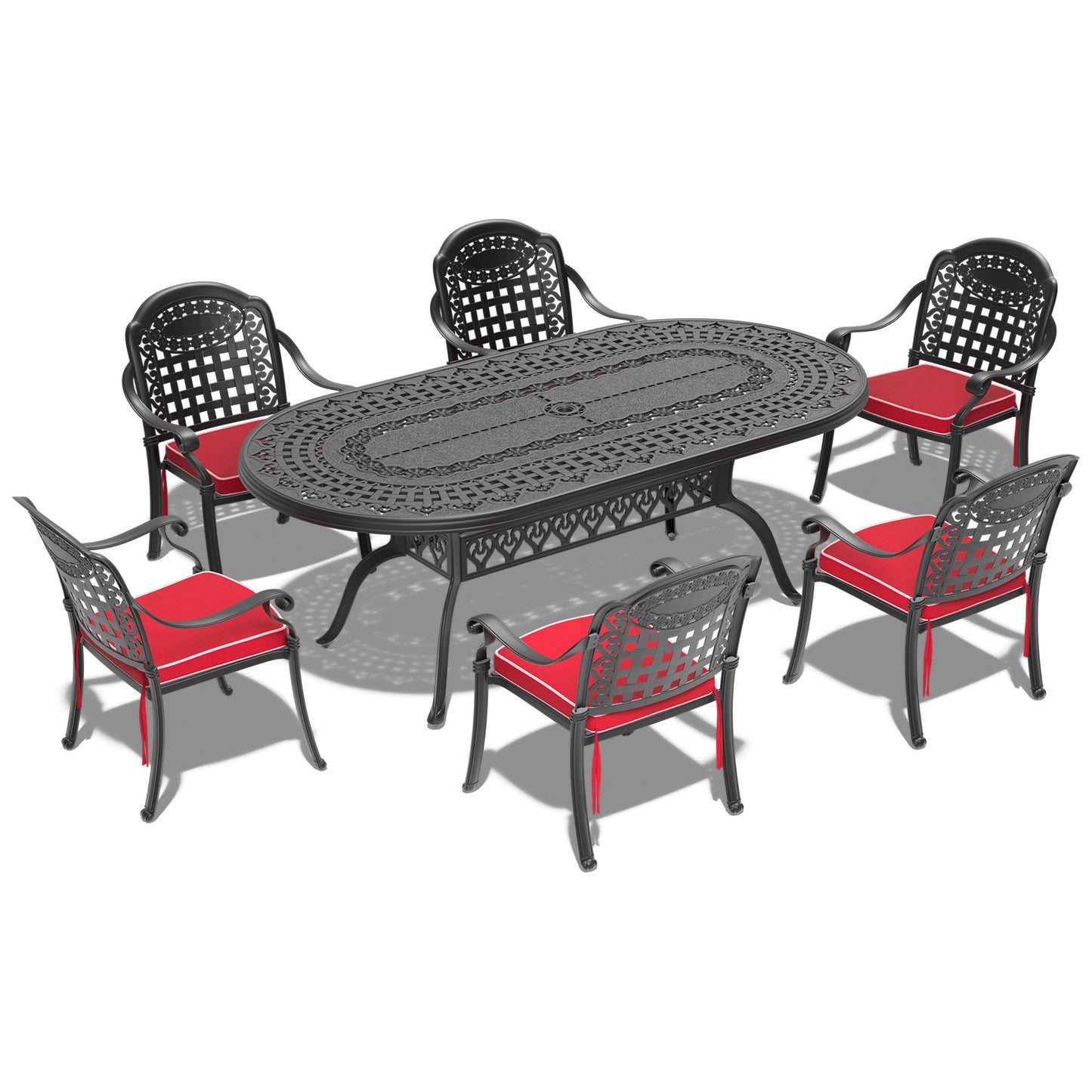 7-Piece Set Of Cast Aluminum Patio Furniture  With Black Frame and  Seat Cushions In Random Colors