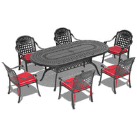 7-Piece Set Of Cast Aluminum Patio Furniture  With Black Frame and  Seat Cushions In Random Colors