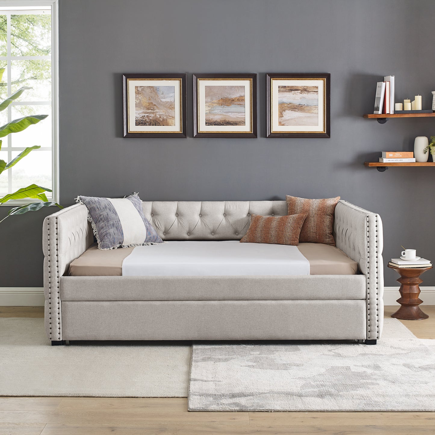 Daybed with Trundle Upholstered Tufted Sofa Bed with Button and Copper Nail on Square Arms, Full Daybed & Twin Trundle, Beige (85“x57”x31.5“)