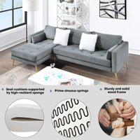 Sectional Sofa with Two Pillows, L-Shape Upholstered Couch with Modern Elegant Velvet for Living Room Apartment