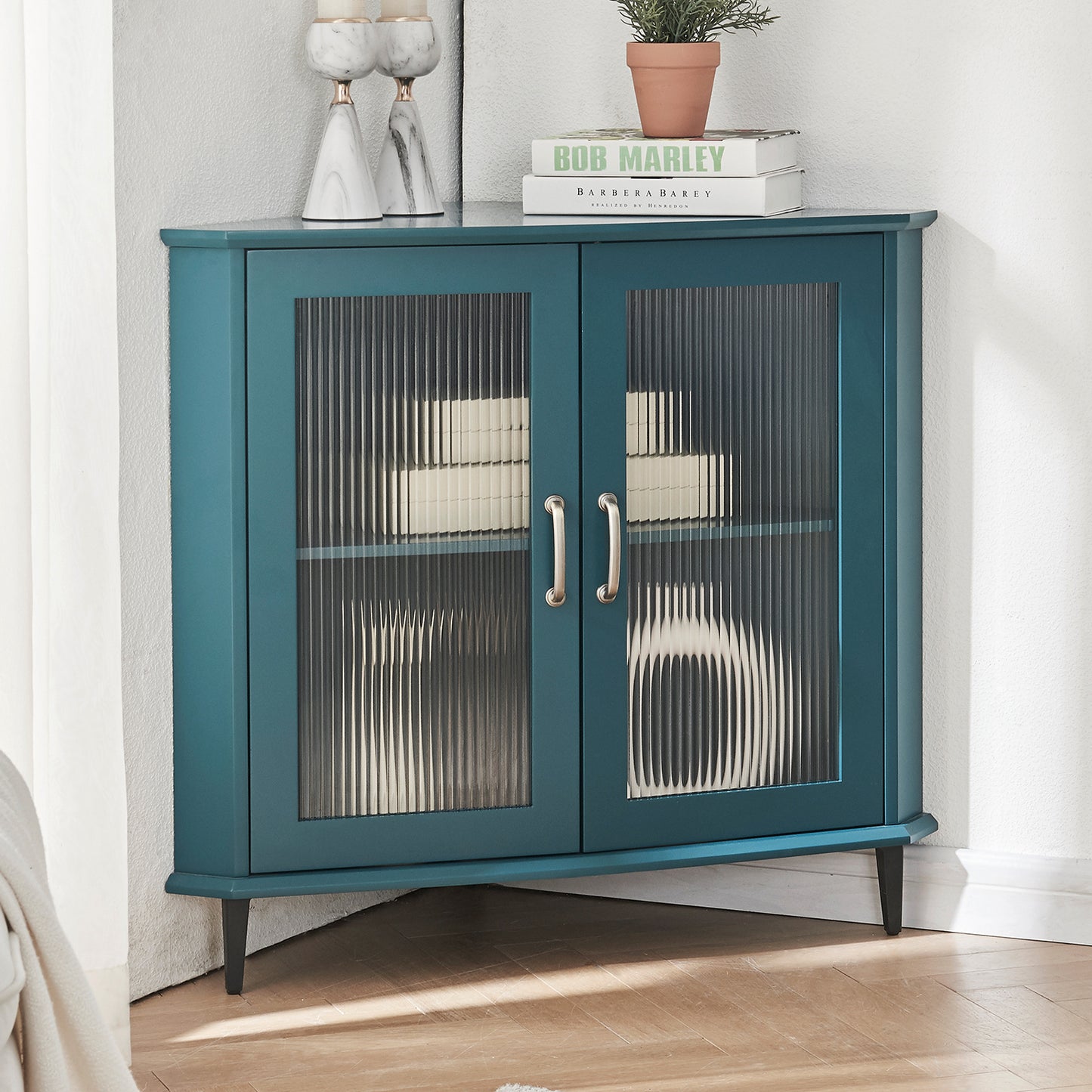 Corner Cabinet, Corner Night Stand, Free-Standing Storage Shelf Organizer(Teal Blue)