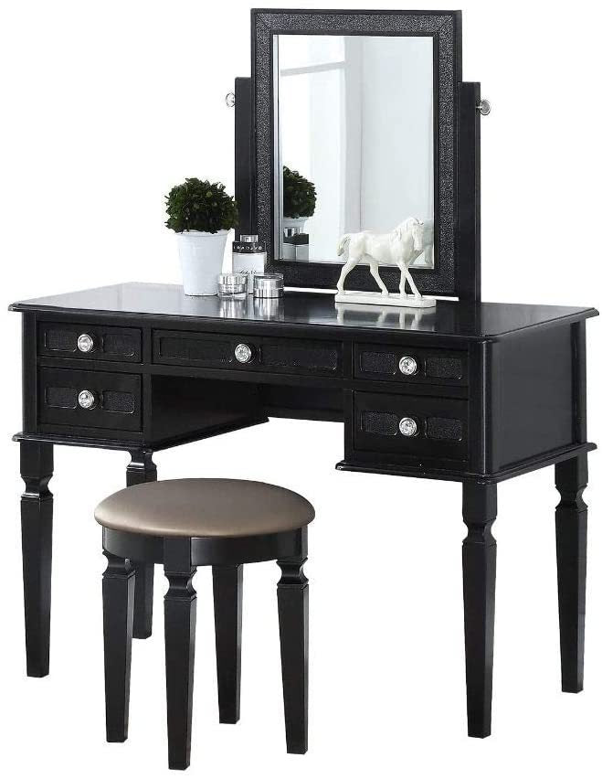 Bedroom Vanity Set Stool Storage Drawers  Mirror Black Color Modern Gorgeous Furniture MDF Rubber wood