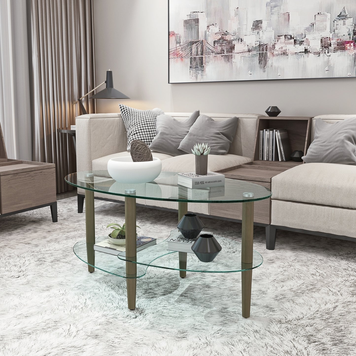 Transparent Oval Glass Coffee Table, Modern Table in Living Room Oak Wood Leg Tea Table 3-Layer Glass Table