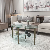 Transparent Oval Glass Coffee Table, Modern Table in Living Room Oak Wood Leg Tea Table 3-Layer Glass Table