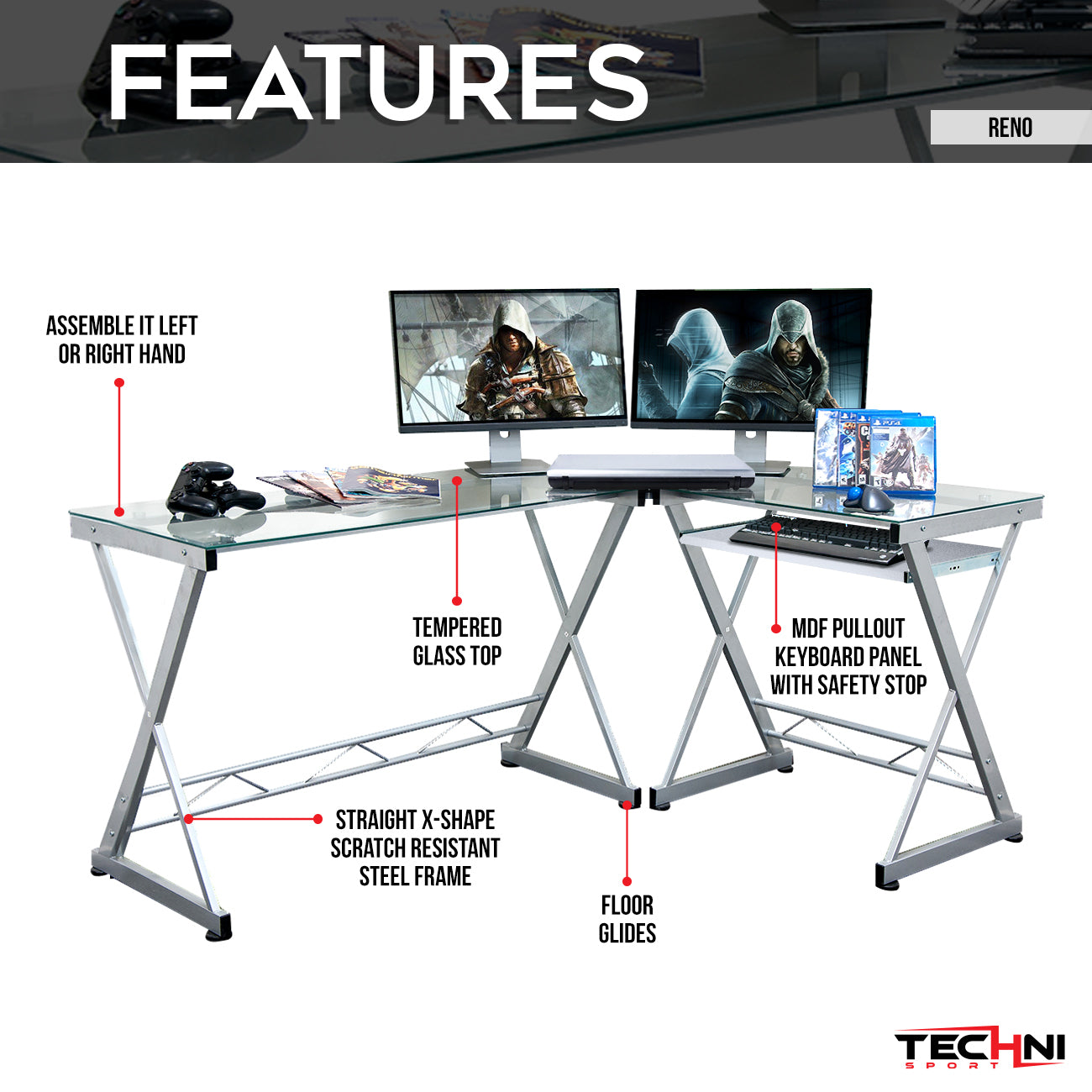 Techni Mobili L-Shaped Tempered Glass Top Computer Desk with Pull Out Keyboard Panel, Clear