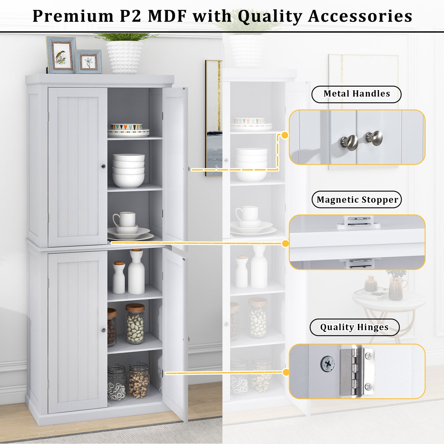 Freestanding Tall Kitchen Pantry, 72.4" Minimalist Kitchen Storage Cabinet Organizer with 4 Doors and Adjustable Shelves, White