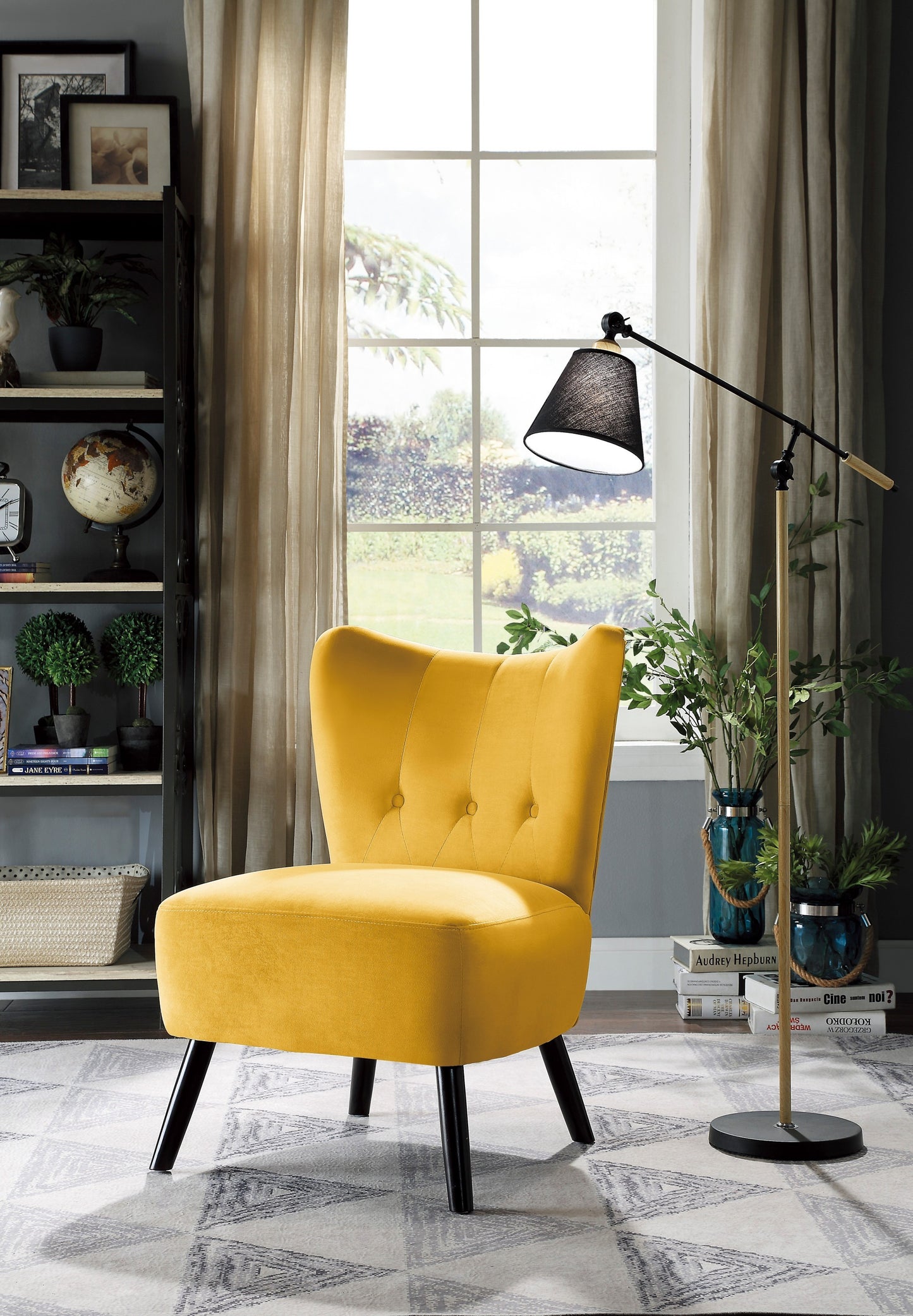 Unique Style Accent Chair Yellow Velvet Covering Button-Tufted Back Brown Finish Wood Legs Modern Home Furniture