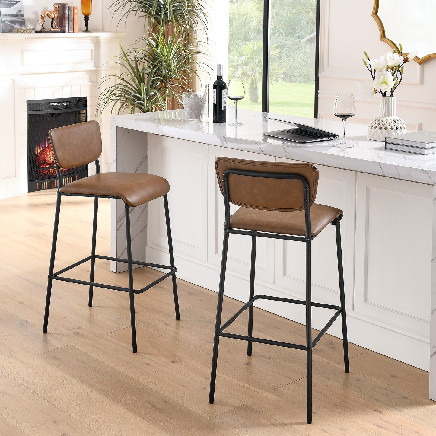 PU Faux Leather Bar Stools Set of 2, Pub Barstools with Back and Footrest, Brown (18.25"x20“x38.5”）