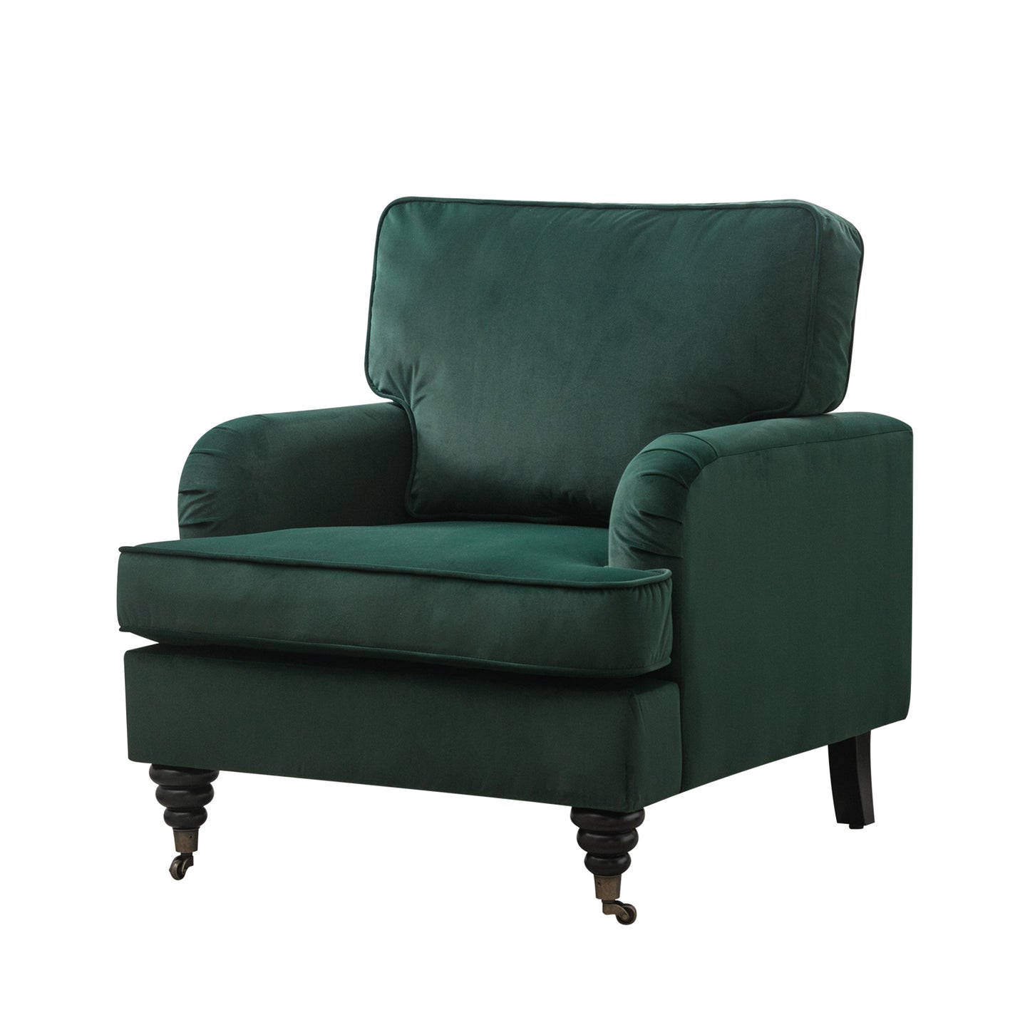 Velvet Accent Chair, Sofa Armchair with Casters, Mid-Century Modern Velvet Upholstered Comfort Oversized Armchair with Wooden Legs, Reading Chair，Living Room Chair, Dark  Green