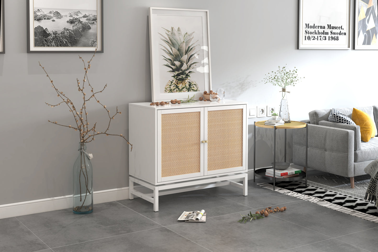 Natural Rattan 2 Door Cabinet with 1 Adjustable Inner Shelves, Rattan, Accent Storage Cabinet