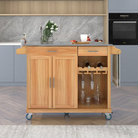 K&K Kitchen Cart with Stainless Steel Top and Storage Cabinet, Kitchen Island on Wheels with Two Drawers & Goblet Holder & Wine Rack & Spice Rack & Towel Holder, L51xW18xH37 Inches