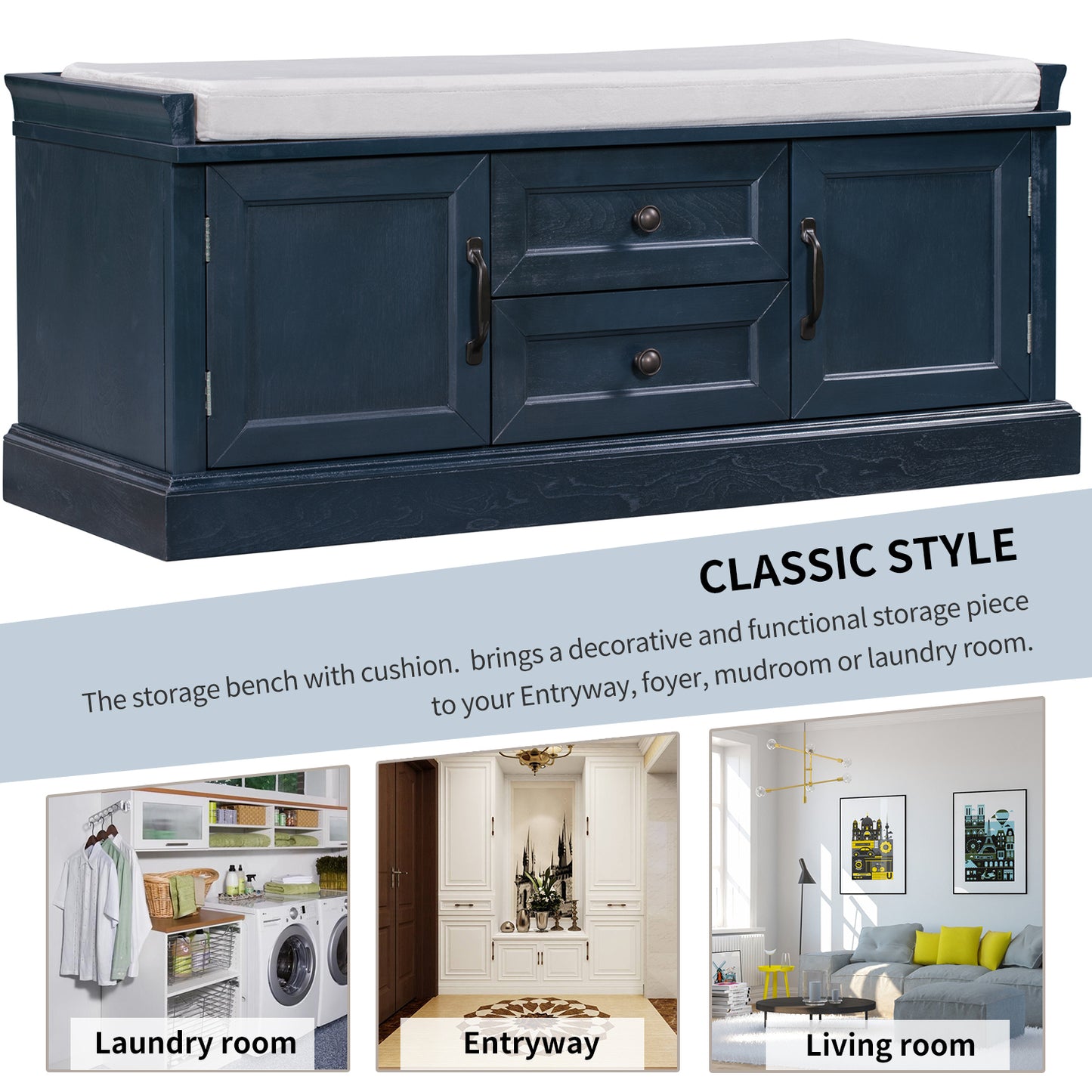 Storage Bench with 2 Drawers and 2 Cabinets, Shoe Bench with Removable Cushion for Living Room, Entryway (Antique Navy)