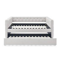 Daybed with Trundle Upholstered Tufted Sofa Bed with Button and Copper Nail on Square Arms, Full Daybed & Twin Trundle, Beige (85“x57”x31.5“)