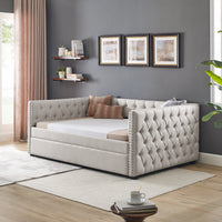 Daybed with Trundle Upholstered Tufted Sofa Bed with Button and Copper Nail on Square Arms, Full Daybed & Twin Trundle, Beige (85“x57”x31.5“)