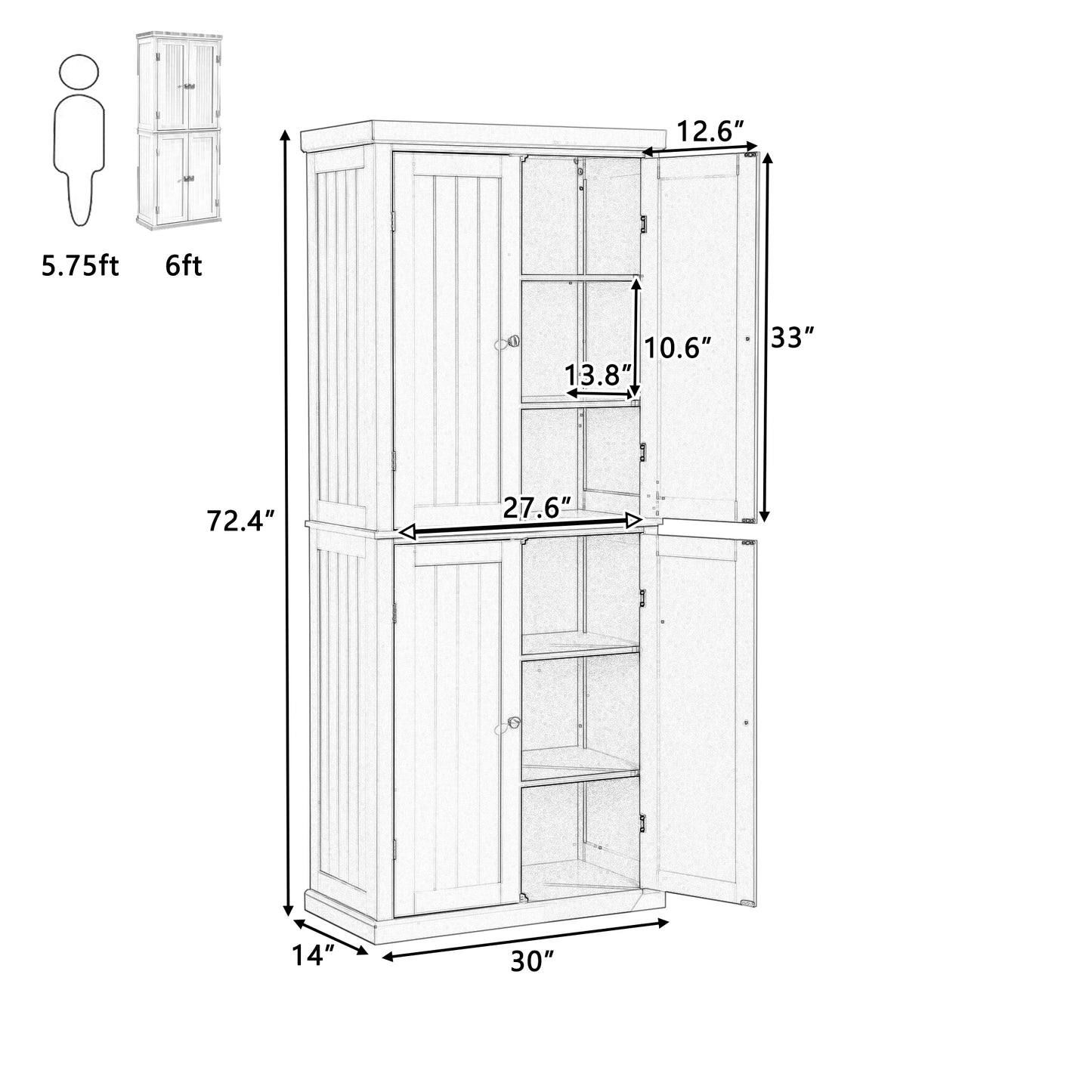 Freestanding Tall Kitchen Pantry, 72.4" Minimalist Kitchen Storage Cabinet Organizer with 4 Doors and Adjustable Shelves, Black