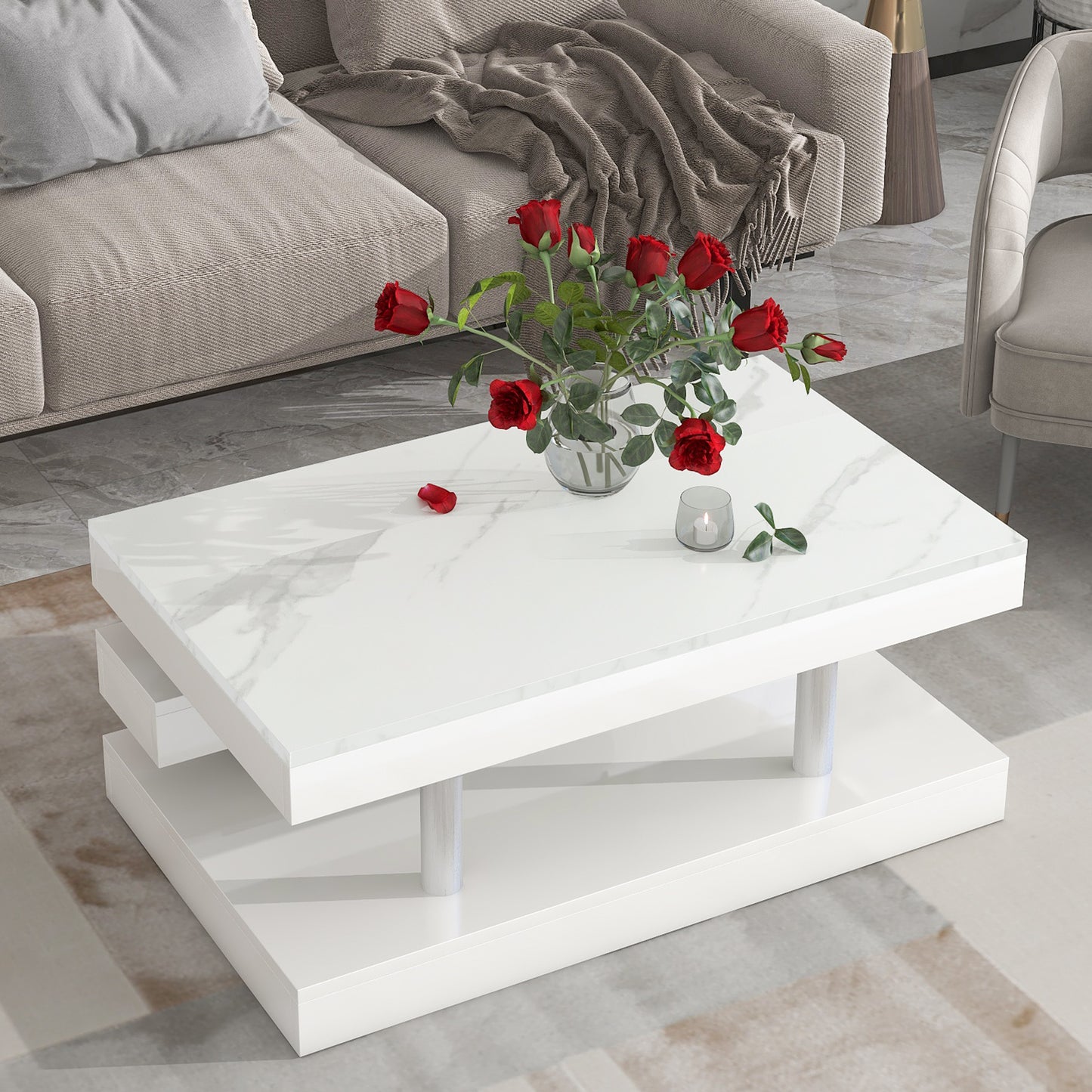 ON-TREND Modern 2-Tier Coffee Table with Silver Metal Legs, Rectangle Cocktail Table with High-gloss UV Surface, Minimalist Design Center Table for Living Room, White