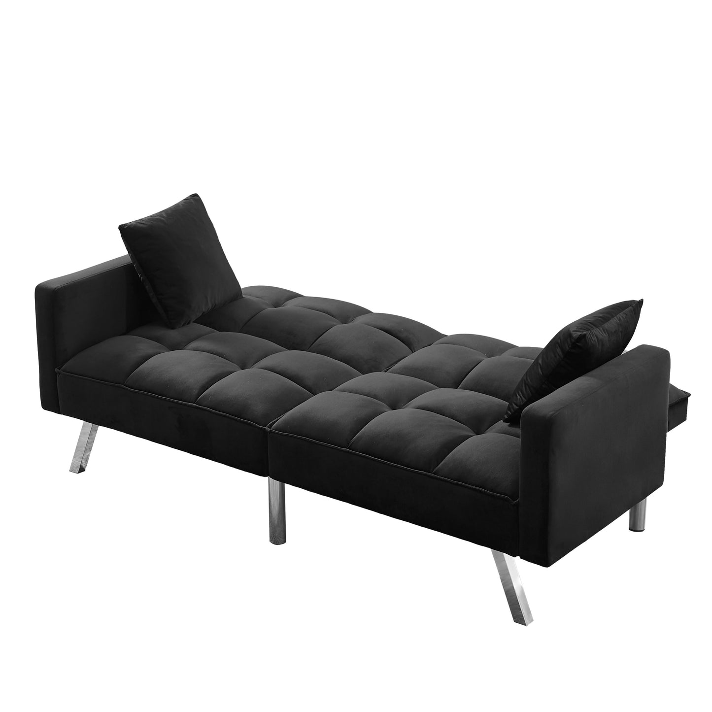 Futon Sofa Sleeper Black Velvet with 2 Pillows