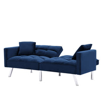 Futon Sofa Sleeper Navy Blue Velvet with 2 Pillows